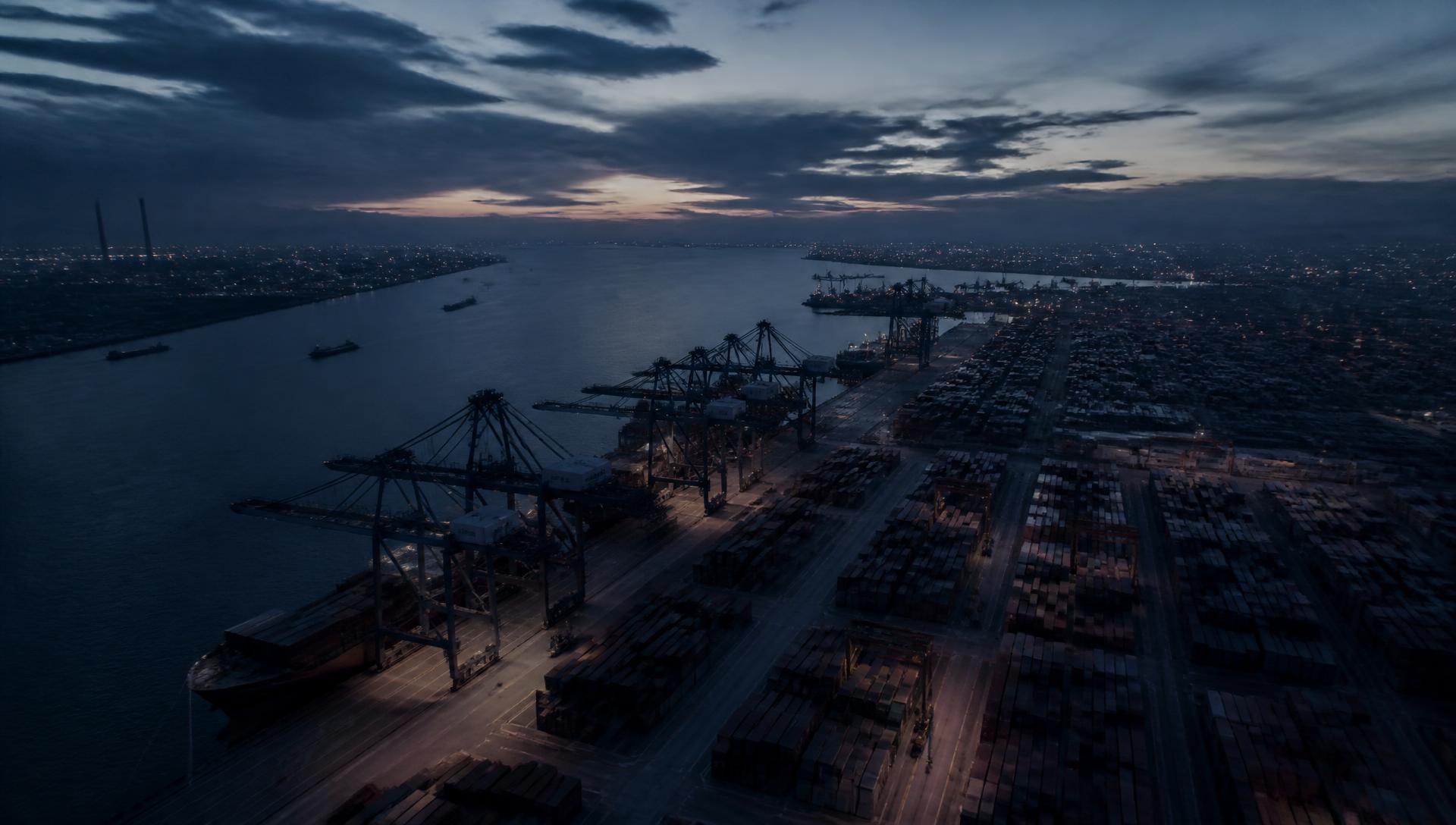Container port at dusk